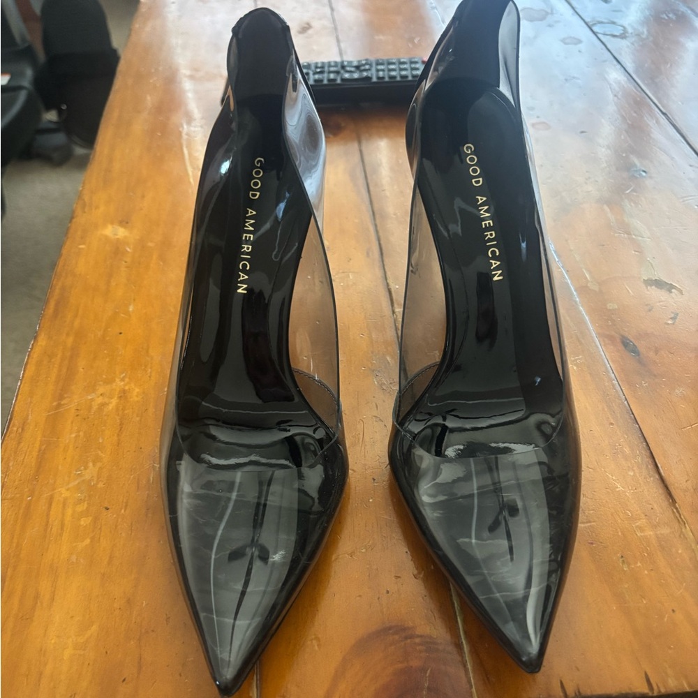 Good American Black Stiletto Heels PVC clear black